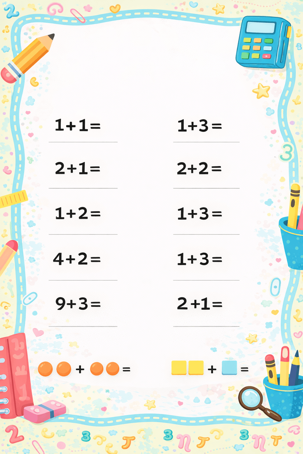 חשבון — דפי עבודה מספר 1 חינם להדפסה לילדים
